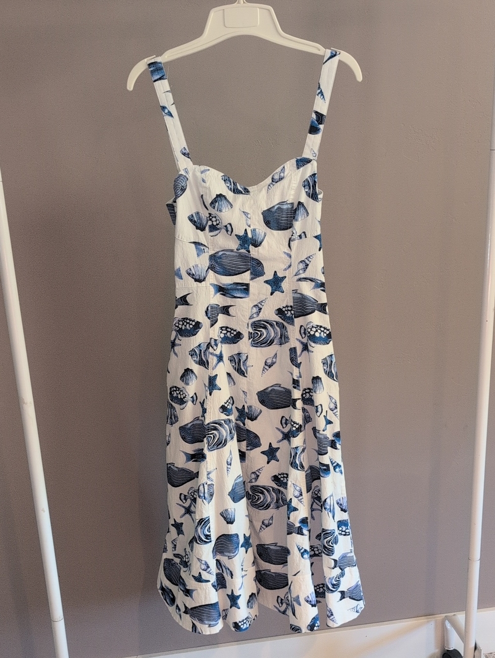 Avec Les Filles Blue And White Ocean Beach Fish Seashell Print Dress